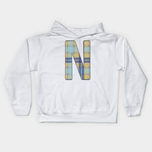 Monogram Letter N, Blue, Yellow and Grey Scottish Tartan Style Typography Design Kids Hoodie